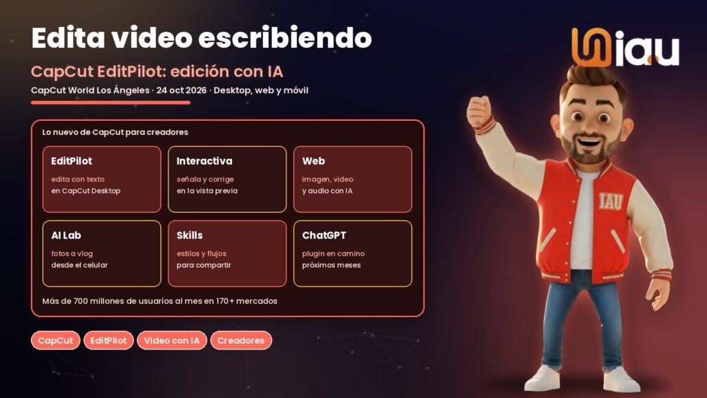 CapCut EditPilot, edición de video con IA mediante instrucciones escritas, mascota IAU