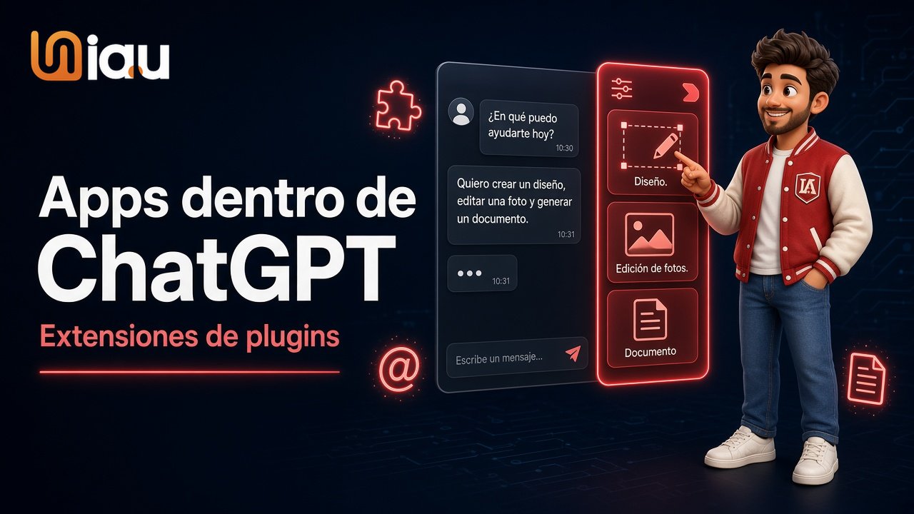 Mascota de IA University junto a ChatGPT con apps en la barra lateral: extensiones de plugins