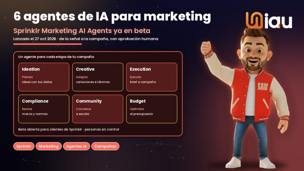 Sprinklr Marketing AI Agents, seis agentes de IA para campañas de marketing, mascota IAU