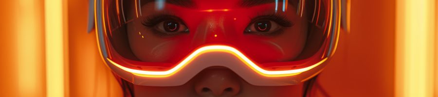 A Close up of a Woman's Face With Glowing Goggles on Her Head and a Bright Light Behind Her - Generative AI