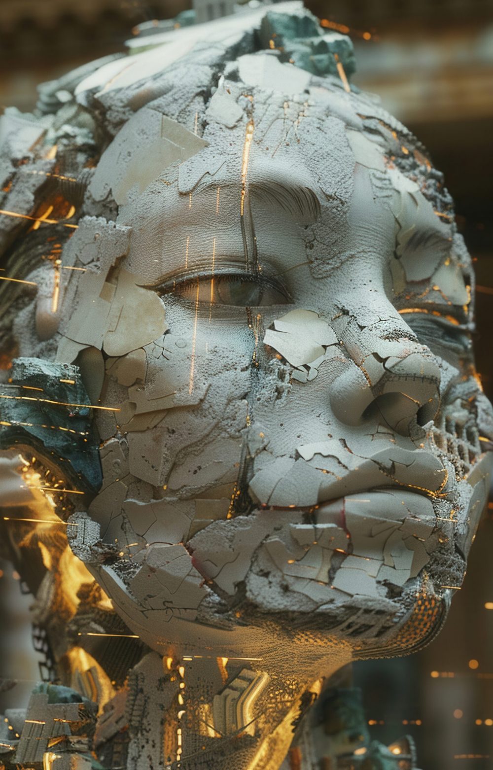 A futuristic, cracked sculpture of a human face with mechanical elements set against a classical architectural backdrop.