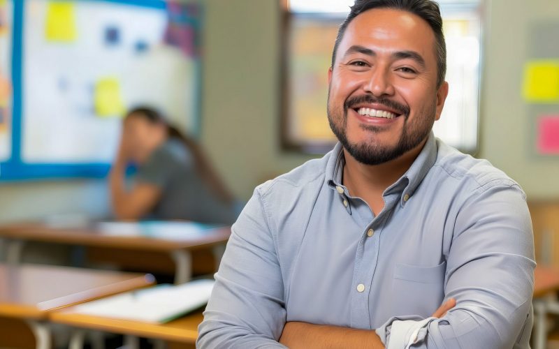 A smiling man standing in a classroom.